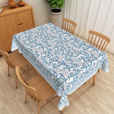 Aperturee - Aperturee Blue and White Floral Rectangle Tablecloth with Stripe Border for French Country and Farmhouse Decor